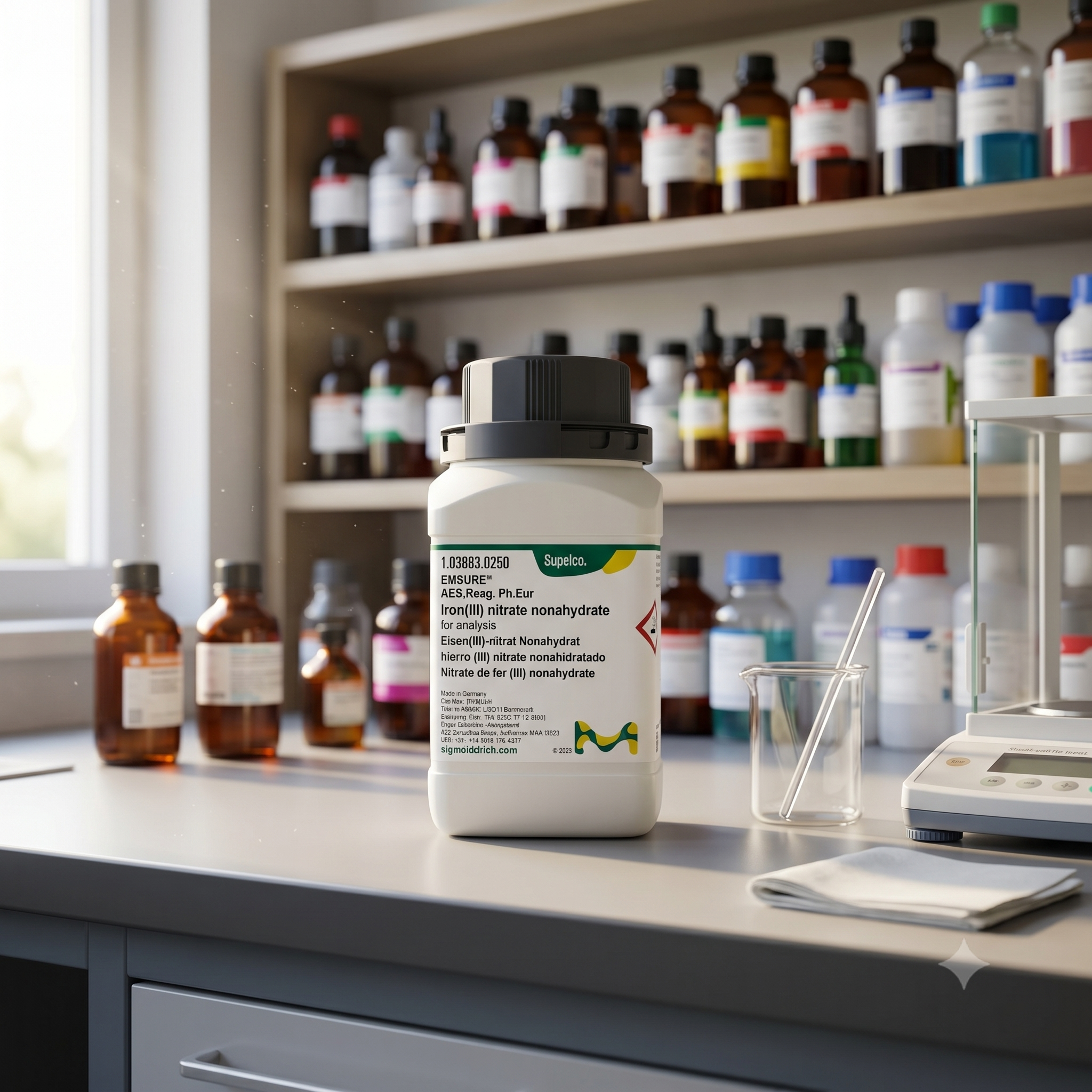 Iron(III) Nitrate Nonahydrate EMSURE® Merck Cat. No. 103883 merupakan reagent analytical grade berkualitas tinggi untuk kebutuhan laboratorium, penelitian, sintesis kimia, quality control, dan aplikasi industri. Memenuhi standar ACS Reag. Ph Eur untuk penggunaan profesional dan institusional.