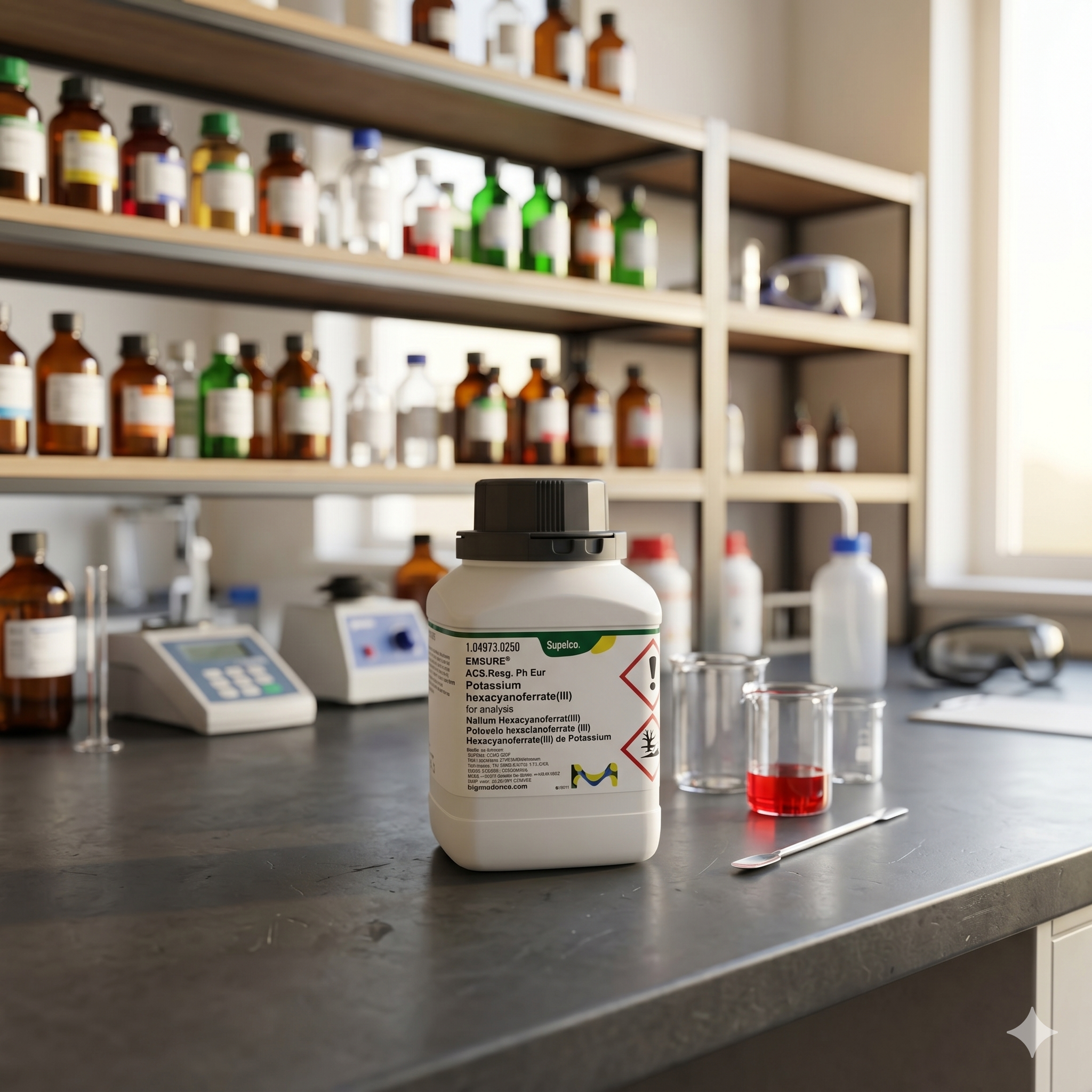 Potassium Hexacyanoferrate(III) EMSURE® Merck 104973 adalah bahan kimia analytical grade berkualitas tinggi untuk kebutuhan laboratorium, penelitian, quality control, pendidikan, dan aplikasi industri. Memenuhi standar ACS dan Ph Eur dengan tingkat kemurnian tinggi untuk analisis yang akurat dan konsisten.