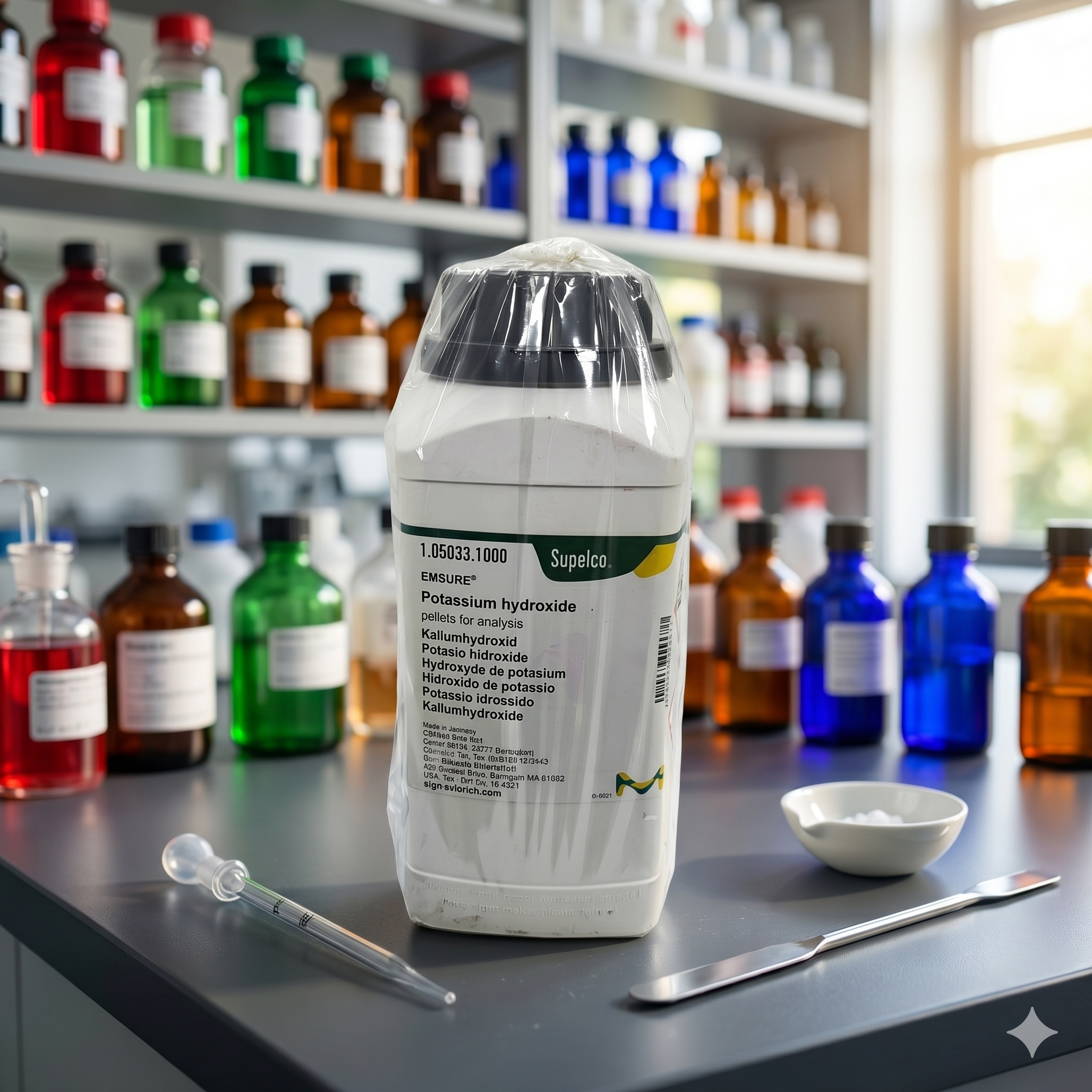 Potassium Hydroxide Pellets EMSURE® Merck 105033 adalah bahan kimia analytical grade berkualitas tinggi untuk kebutuhan laboratorium, penelitian, quality control, pendidikan, dan aplikasi industri. Cocok digunakan untuk analisis kimia, preparasi larutan, titrasi, dan proses penelitian dengan standar kemurnian tinggi.