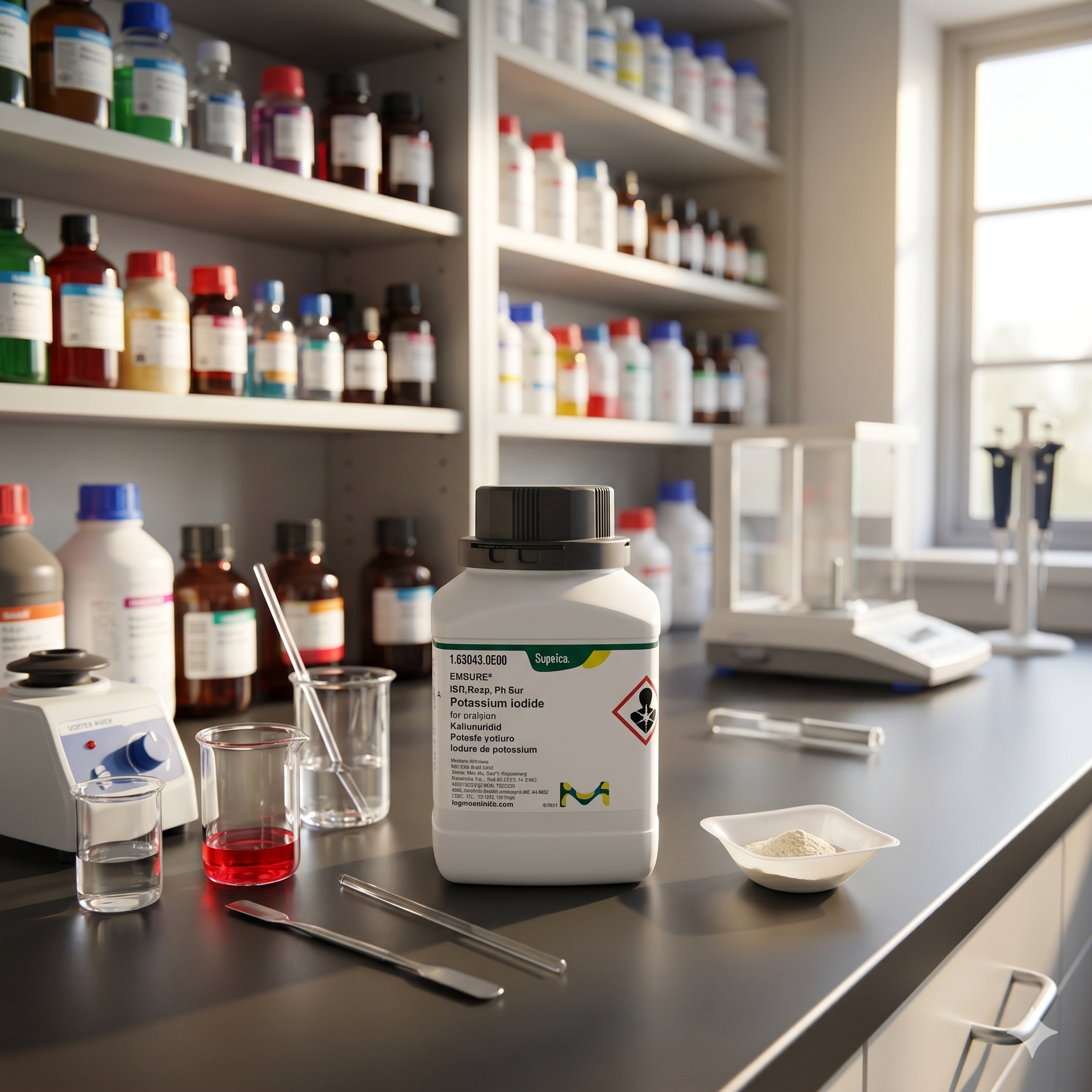 Potassium Iodide EMSURE® Merck 105043 merupakan bahan kimia analytical grade berkualitas tinggi untuk kebutuhan laboratorium, penelitian, quality control, pendidikan, dan aplikasi industri. Memenuhi standar ISO Reag. Ph Eur dengan tingkat kemurnian tinggi untuk hasil analisis yang akurat dan konsisten.