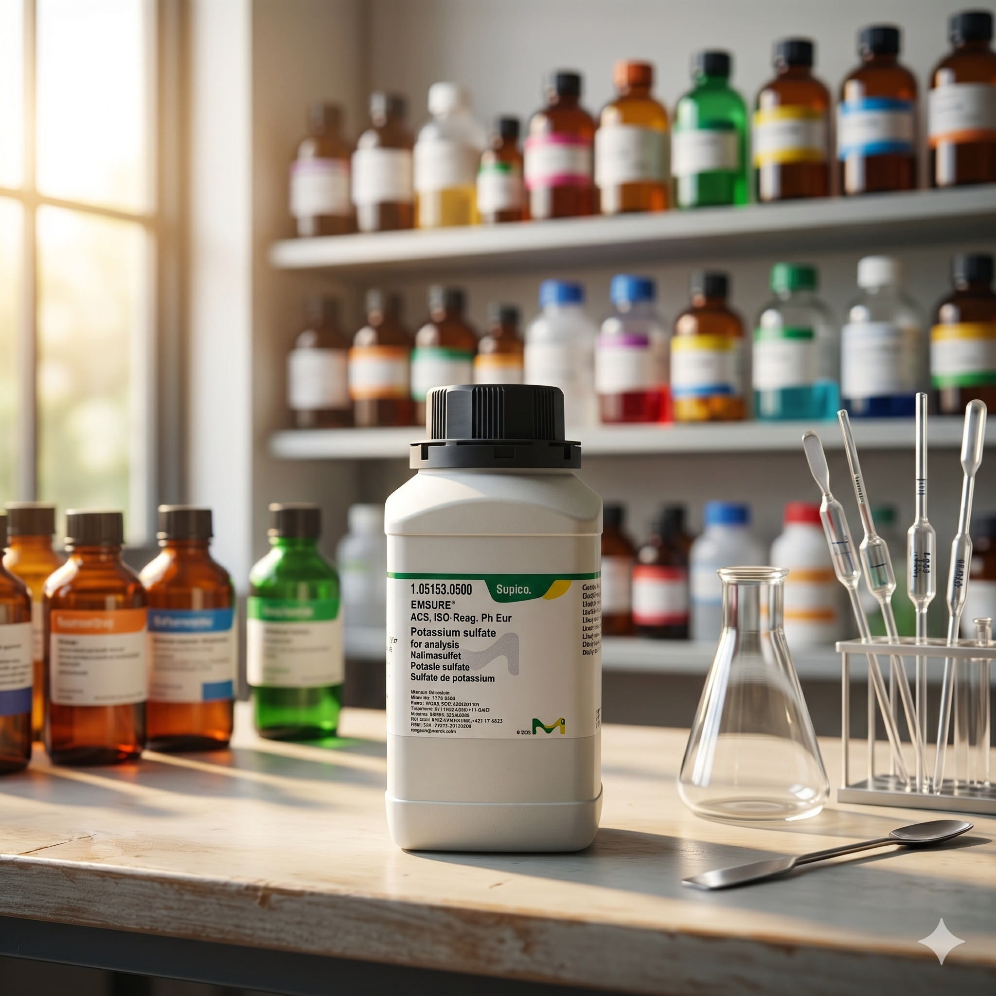 Potassium Sulfate (Kalium Sulfat) Merck EMSURE® 105153 merupakan bahan kimia laboratorium grade analisis dengan standar ACS, ISO, dan Ph Eur. Cocok digunakan untuk aplikasi laboratorium, quality control, penelitian, pendidikan, analisis kimia, dan kebutuhan industri. Produk memiliki kemurnian tinggi dan konsistensi kualitas untuk hasil analisis yang akurat dan stabil.