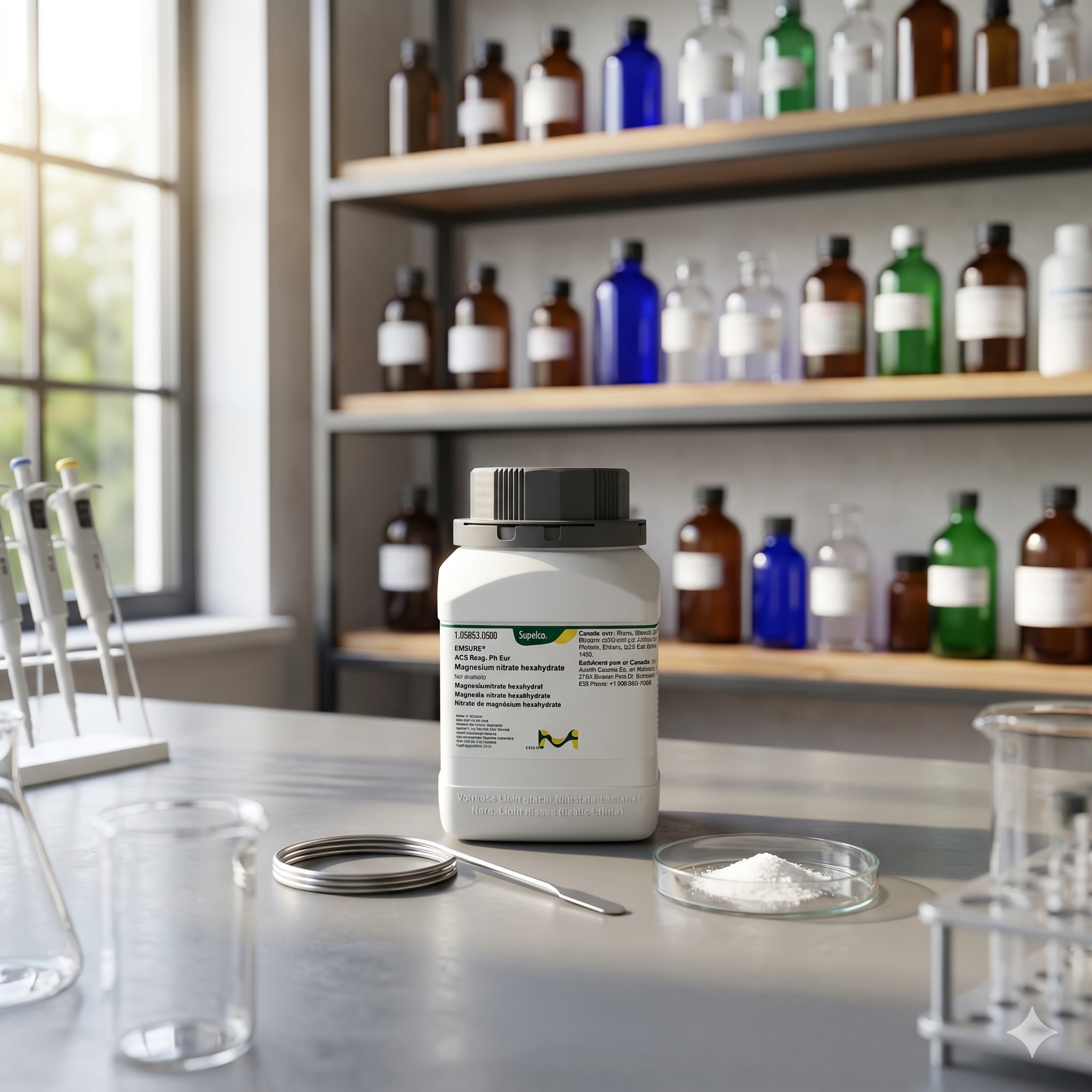 Magnesium Nitrate Hexahydrate EMSURE® Merck 105853 merupakan reagen kimia laboratorium berkualitas tinggi grade ACS Reag. dan Ph Eur untuk kebutuhan analisis, penelitian, quality control, preparasi larutan, dan aplikasi industri profesional. Cocok digunakan pada laboratorium pendidikan, farmasi, penelitian, dan industri kimia.