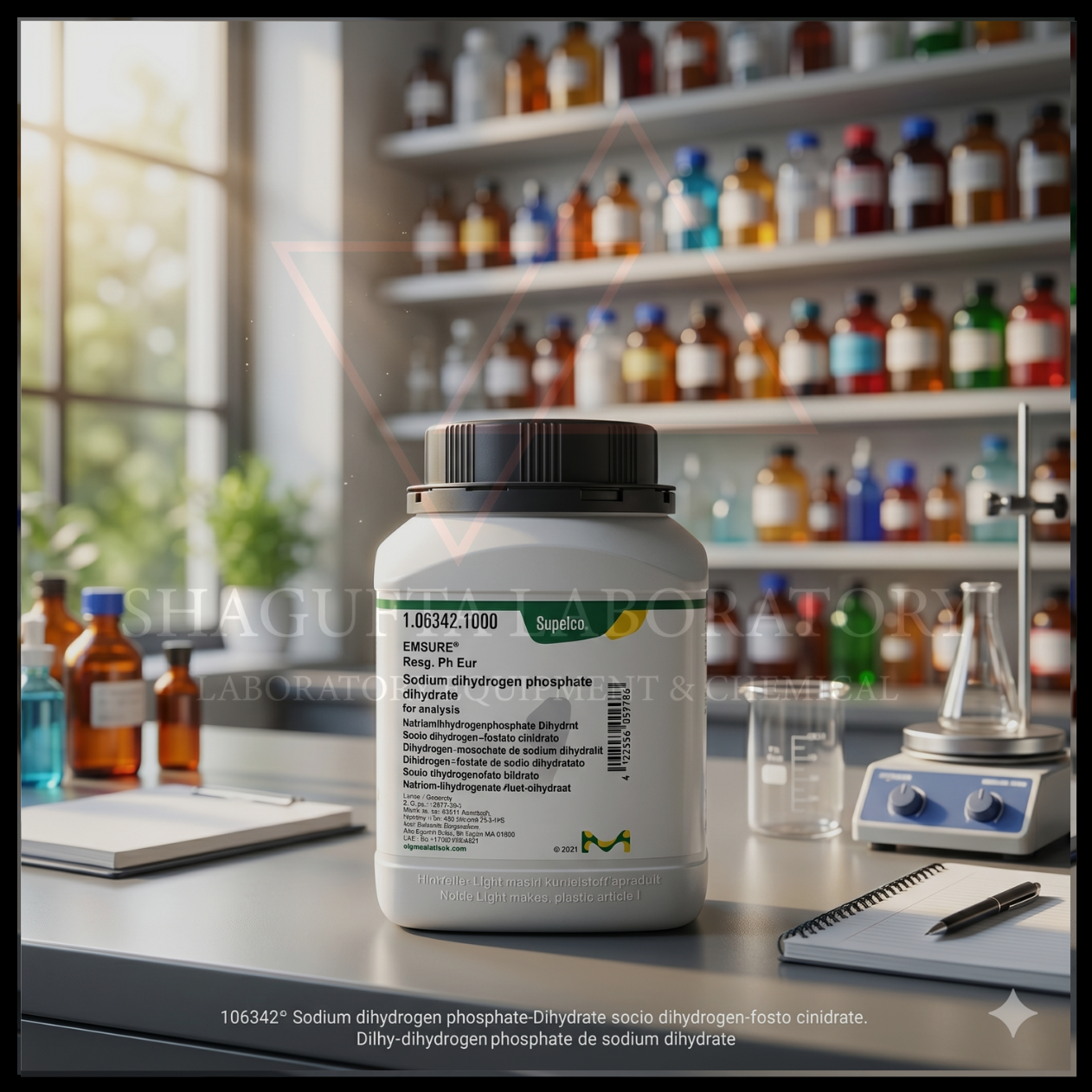 Sodium Dihydrogen Phosphate Dihydrate EMSURE® Reag. Ph Eur Supelco merupakan bahan kimia laboratorium analytical grade berkualitas tinggi untuk kebutuhan buffer phosphate, analisis laboratorium, quality control (QC), penelitian, pendidikan, dan aplikasi industri profesional.