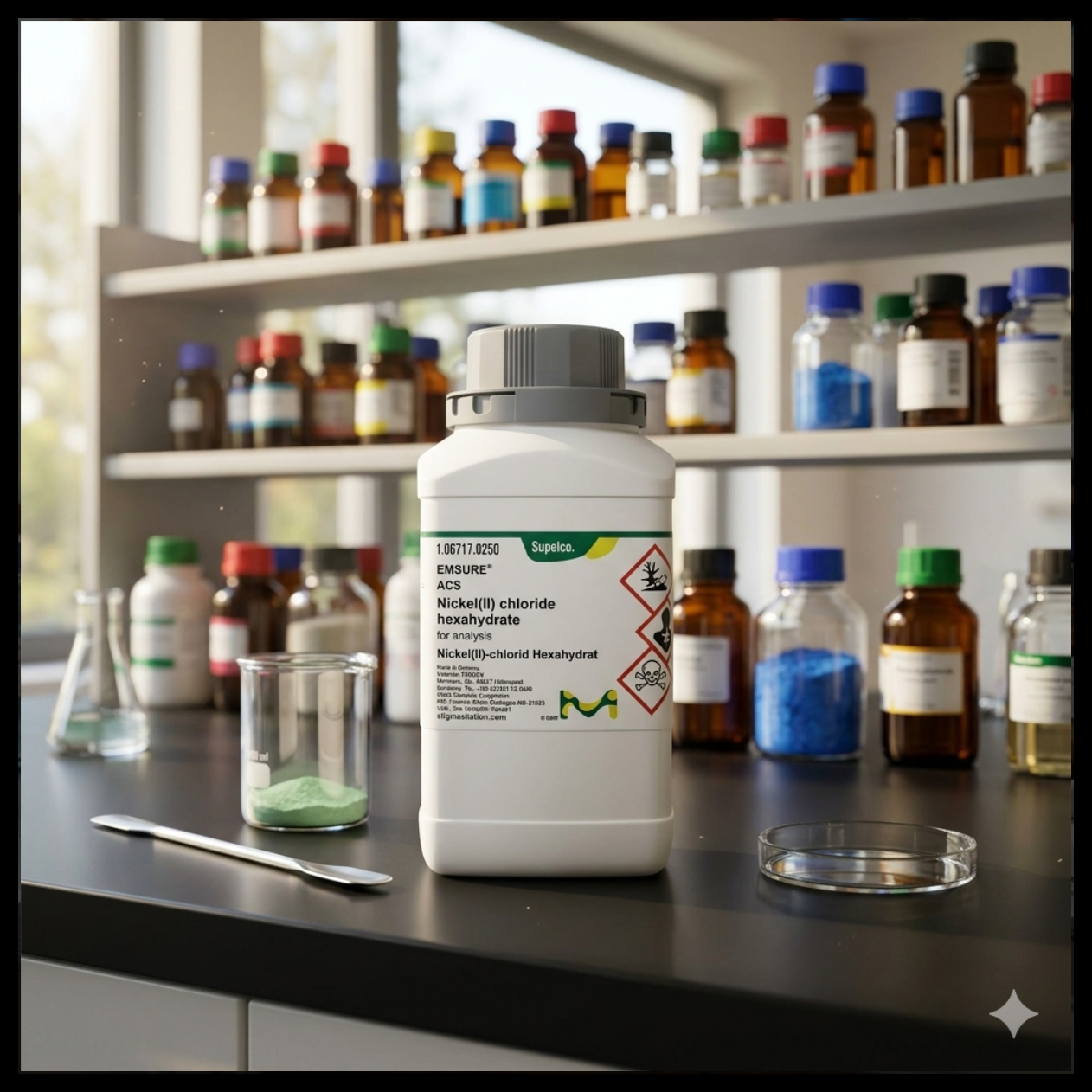 Supelco EMSURE® Nickel(II) Chloride Hexahydrate ACS for Analysis merupakan bahan kimia laboratorium analytical grade berkualitas tinggi untuk kebutuhan analisis, quality control (QC), penelitian, pendidikan, dan aplikasi industri. Produk original Merck/Supelco dengan standar ACS dan kemurnian tinggi untuk hasil pengujian laboratorium yang akurat dan konsisten.