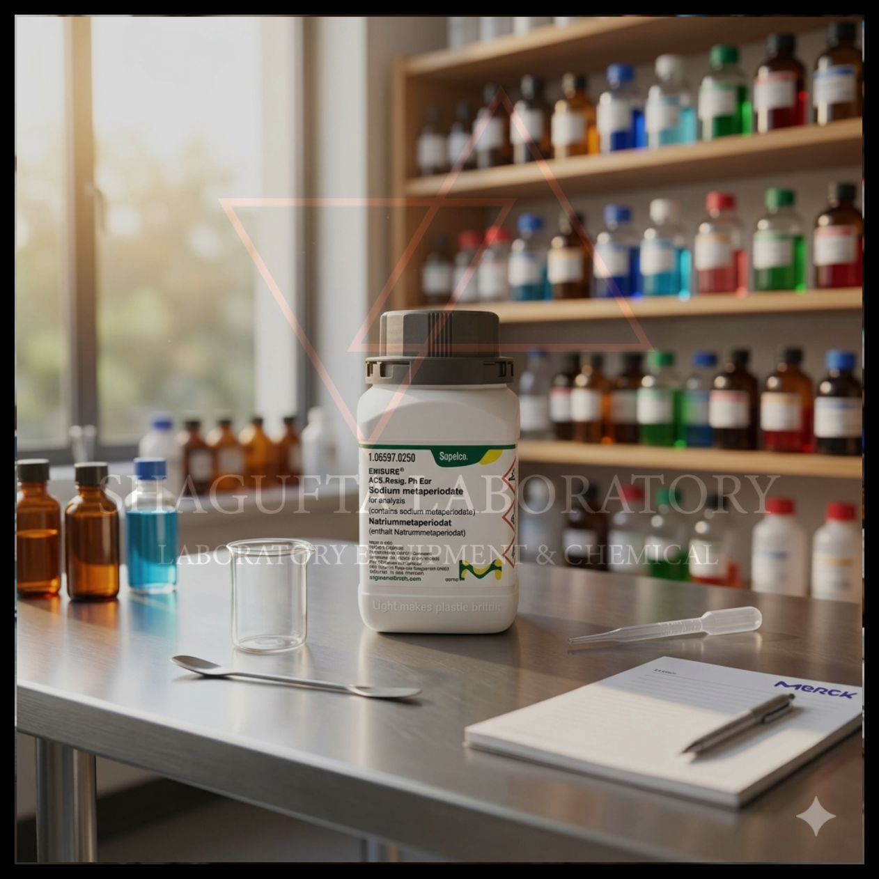 Supelco EMSURE® Sodium Metaperiodate ACS Reag. Ph Eur merupakan bahan kimia laboratorium analytical grade berkualitas tinggi untuk kebutuhan penelitian, quality control (QC), sintesis kimia, oksidasi selektif, dan aplikasi laboratorium industri. Produk original Merck/Supelco dengan standar internasional untuk hasil analisis yang akurat dan konsisten.