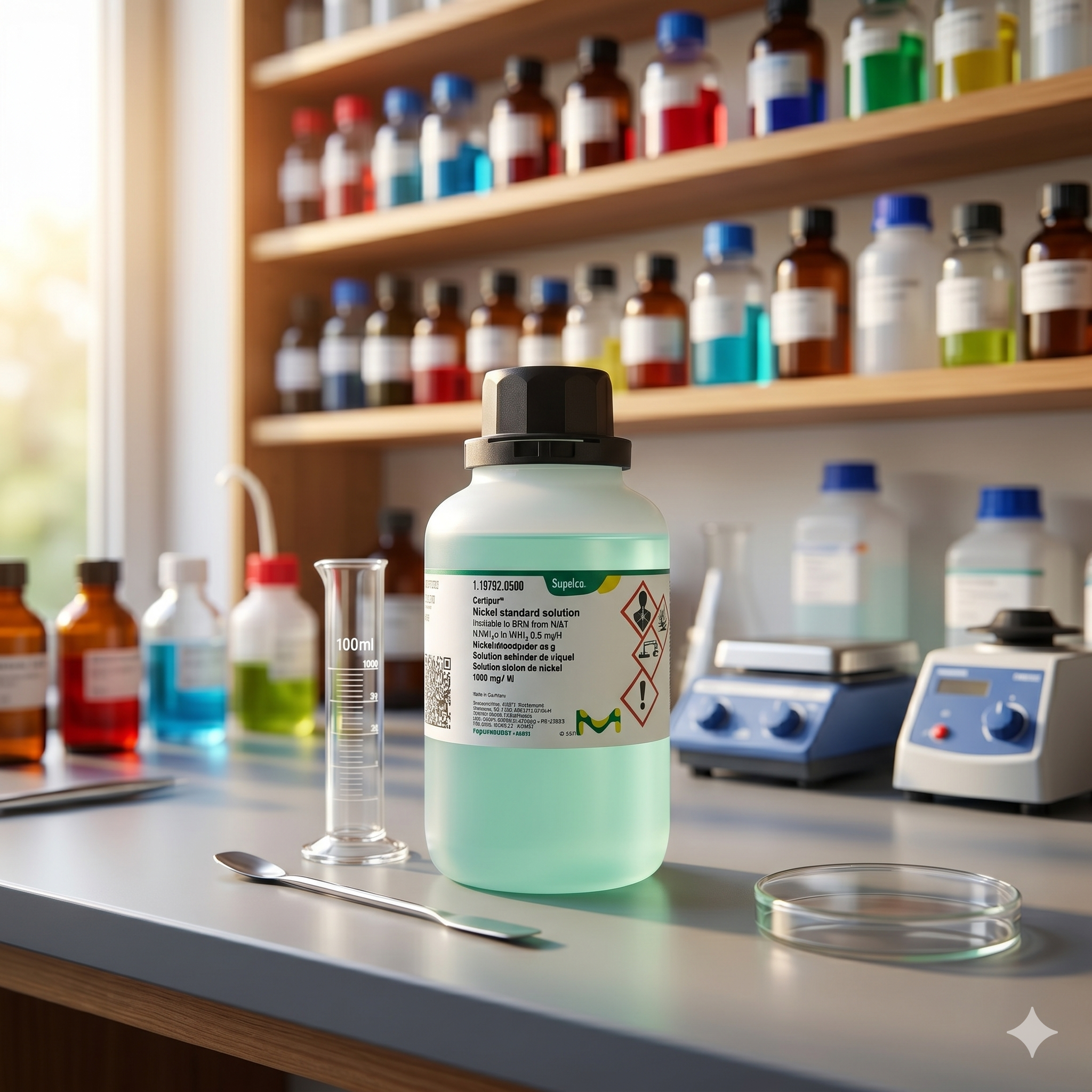 Larutan standar nikel (Ni) 1000 mg/L Certipur® Merck berkualitas analytical grade untuk kalibrasi instrumen AAS, ICP-OES, ICP-MS, dan analisis laboratorium. Diproduksi dengan traceability NIST untuk hasil pengukuran akurat, stabil, dan konsisten pada aplikasi QC, penelitian, industri, dan institusi pendidikan.