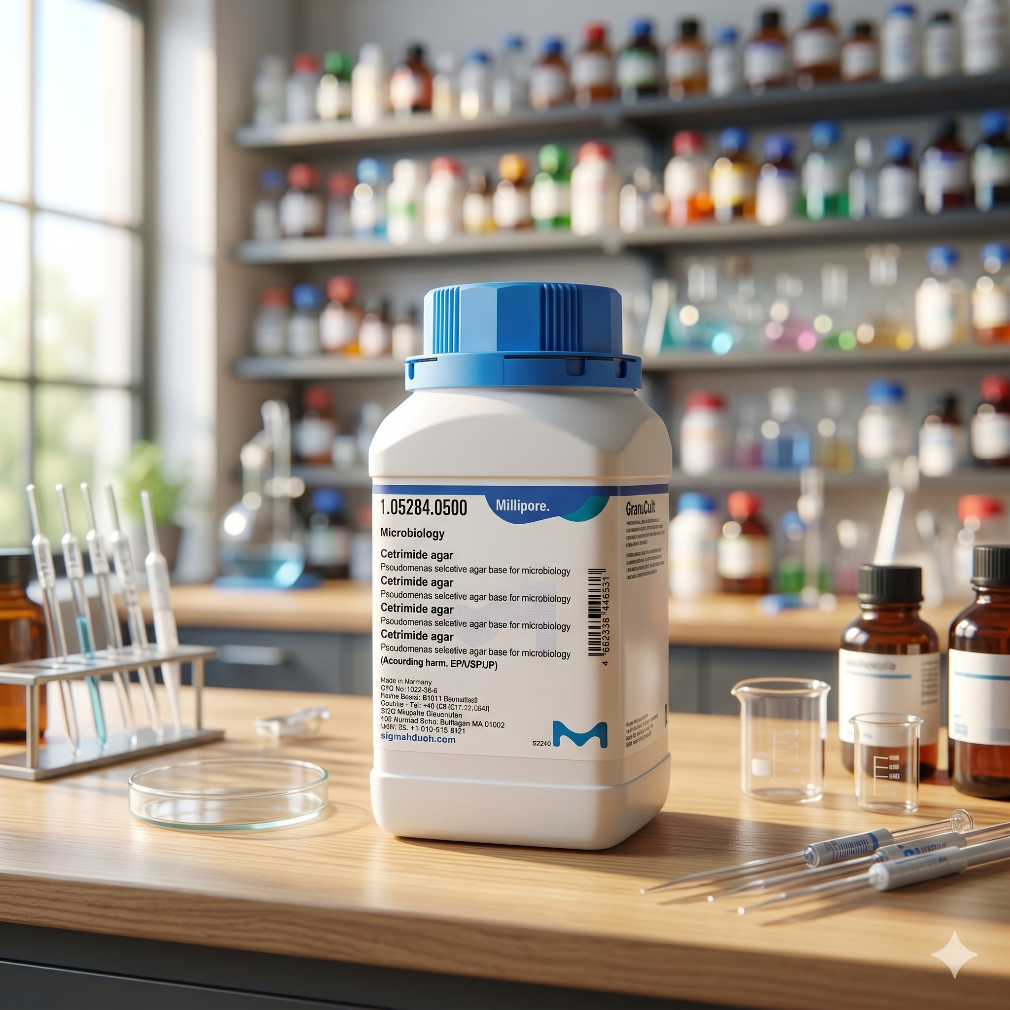 Cetrimide Agar Merck Millipore 105284 merupakan media mikrobiologi selektif untuk isolasi dan identifikasi Pseudomonas aeruginosa dalam pengujian laboratorium mikrobiologi. Cocok digunakan untuk quality control, penelitian, pendidikan, farmasi, pangan, lingkungan, dan aplikasi industri.