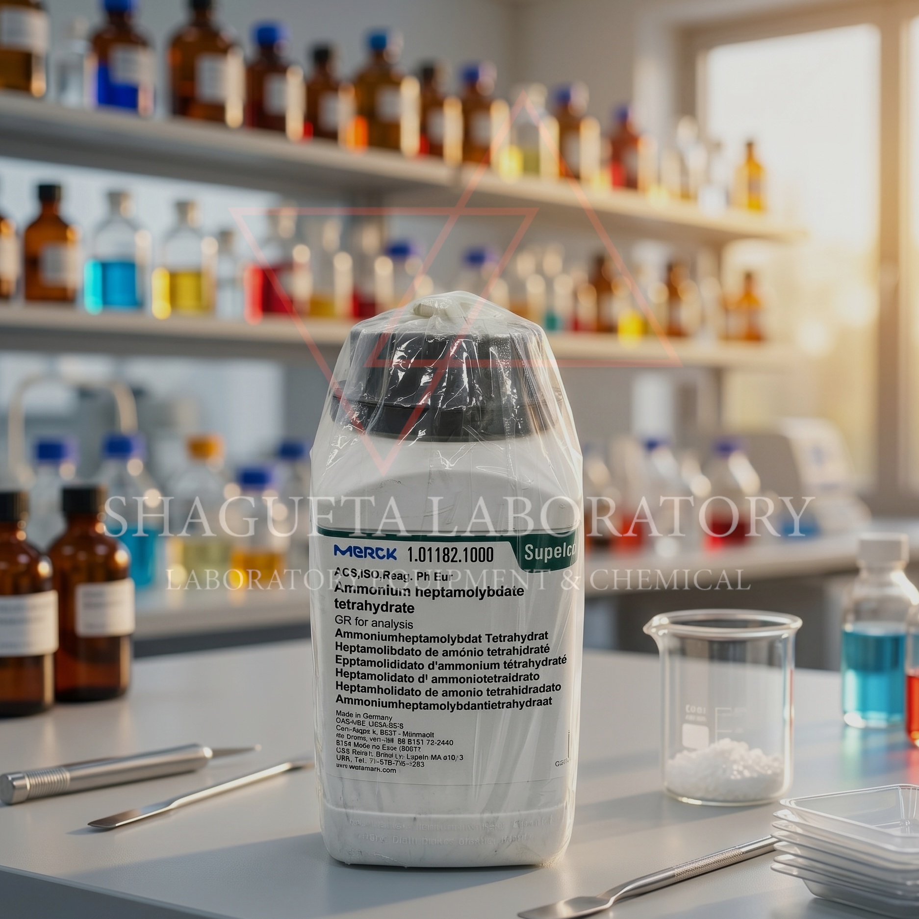 Ammonium Heptamolybdate Tetrahydrate GR for Analysis dari Supelco Merck dengan standar ACS, ISO, dan Reag. Ph Eur untuk kebutuhan laboratorium, quality control, penelitian, pendidikan, dan industri. Memiliki kemurnian tinggi dan cocok digunakan sebagai reagen analisis kimia serta pengujian laboratorium presisi.